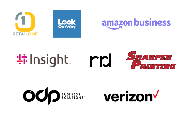 ODP Business Solutions, Insight, RRD, Amazon Business, Retail One, Verizon, LookOurWay, Sharper Printing
